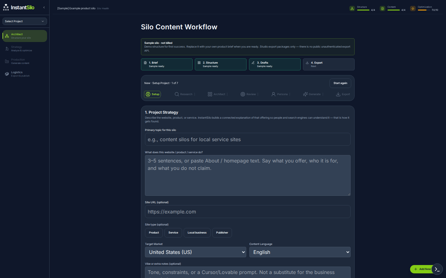 Live studio brief form for the sample silo. Sample silo · not billed.