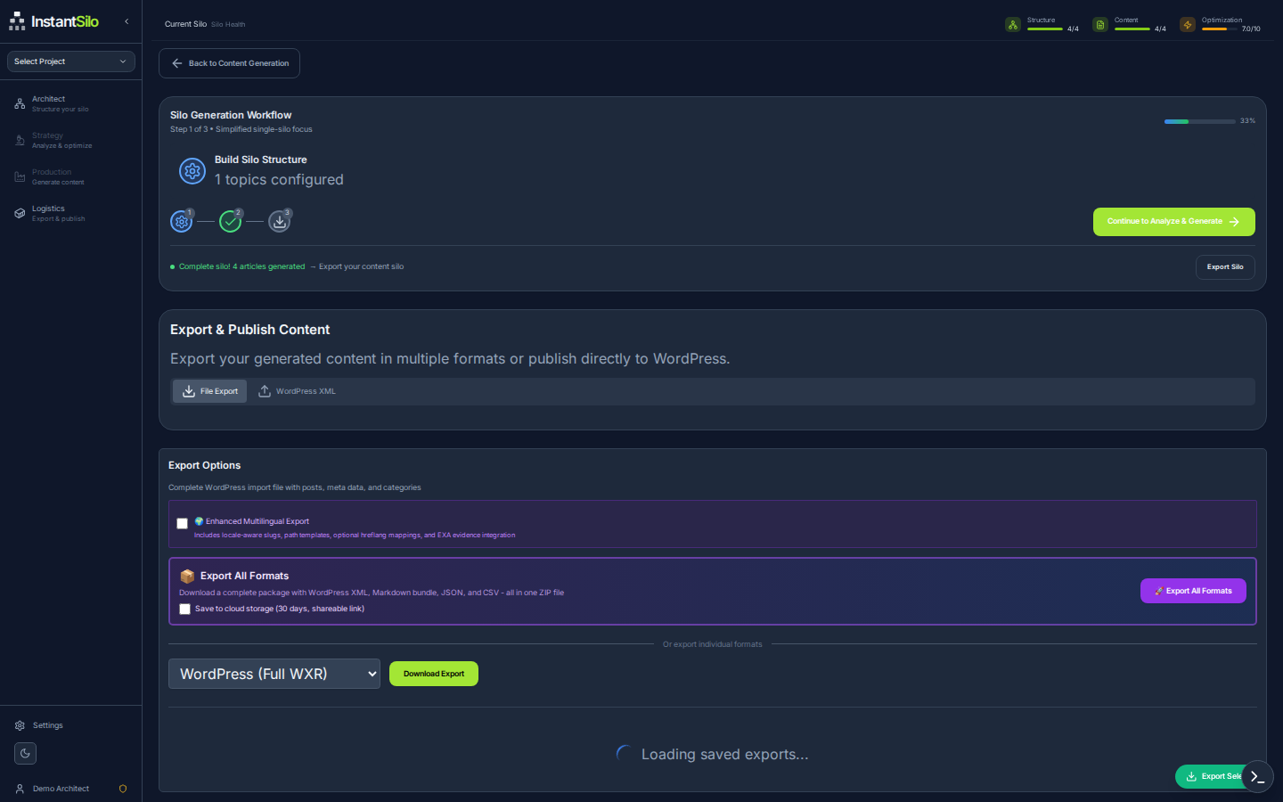 Live studio export picker: WordPress / Markdown / JSON / CSV.